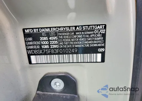 2003 Mercedes-Benz Sl 500R z USA, uszkodzony, nr VIN WDBSK75F83F010249